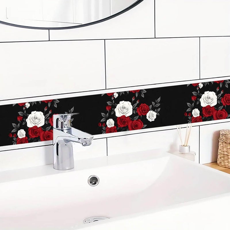 IVN Wallpaper Border Peel and Stick Decorative Wall Trim Self Adhesive Black Red White Rose Floral Design Wallpaper for Bathroom Laundry Room Pool Area Mirror Frame Shelf Wall Edge 4x196 Inch - Image 5